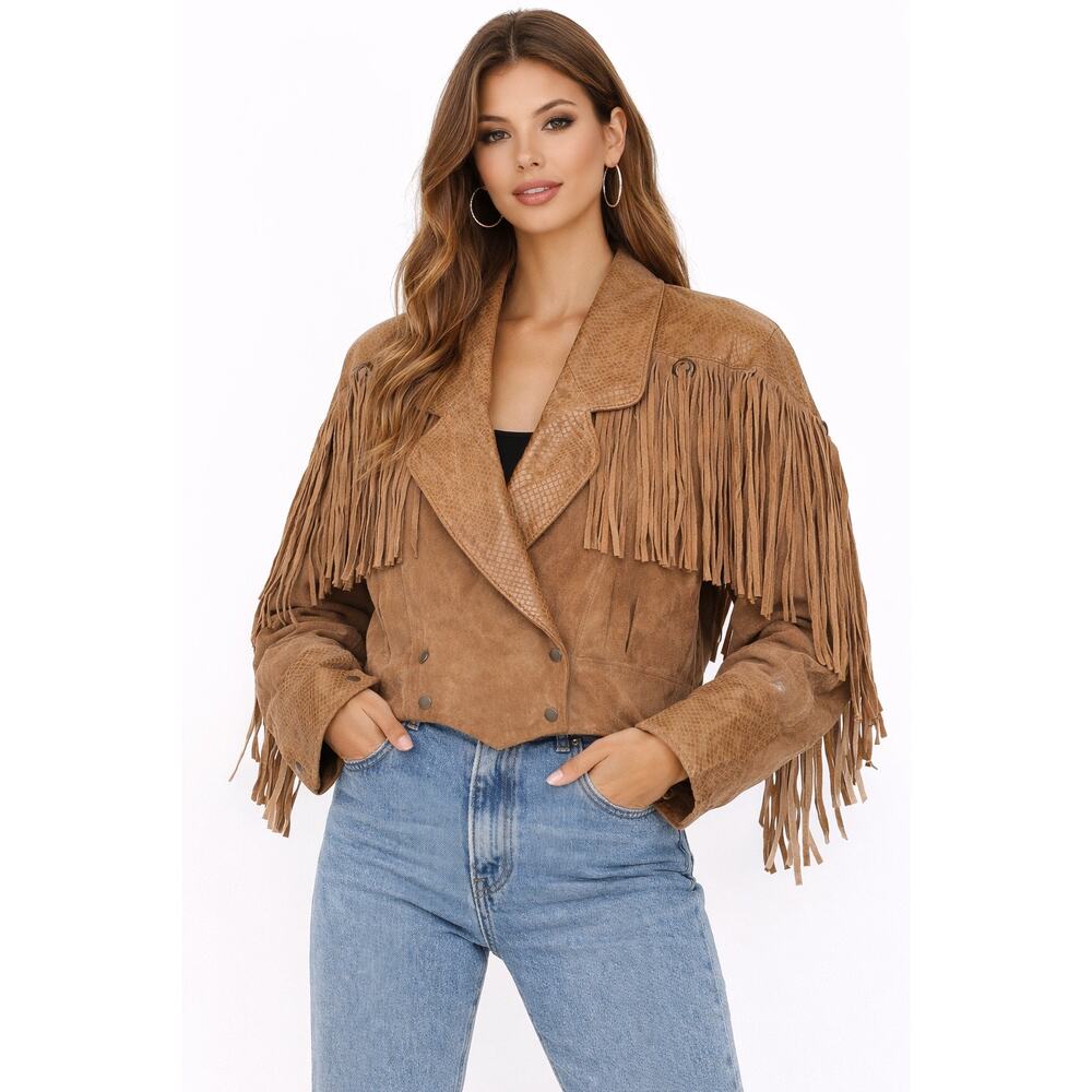 1980s Phoenix Tan Suede Fringe Western Cropped Jacket USA Made Medium